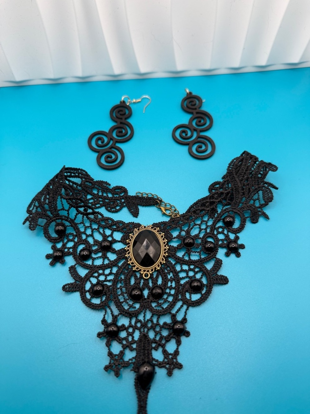 Black Lace Choker Necklace with Matching Earrings